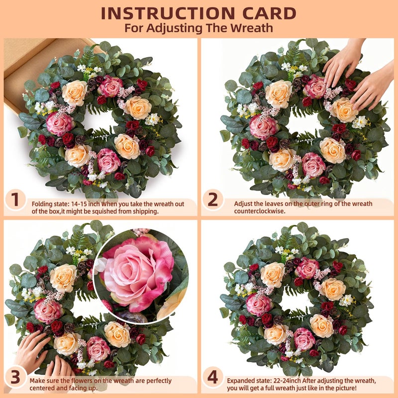 WANNA-CUL 24 Inch Spring Valentines Day Wreaths for Front Door,Spring Mothers Day Wreath Gifts Decorations with Pink,Champagne, Burgundy Rose and Eucalyptus Leaves for Wedding or Indoor&Outdoor Decor - Image 3
